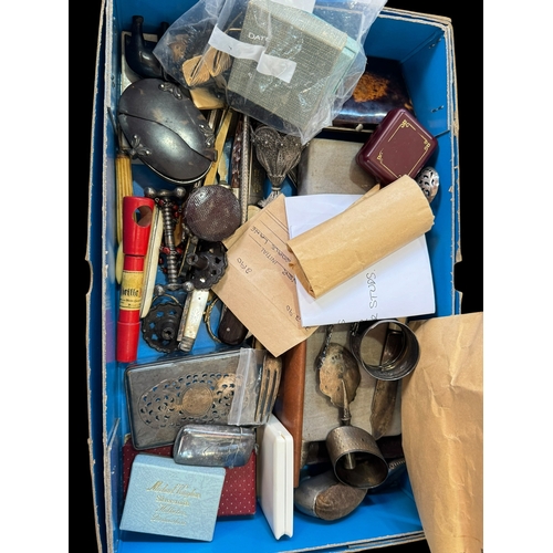 187 - Box of collectables including silver napkin rings, folding knives, jewellery, etc.