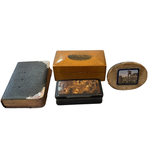 208 - Antique horn snuffbox, mosaic miniature Mauchline box, and silver mounted prayer book (4).