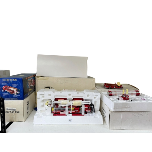 61 - Four Franklin Mint American Trucks including Pierce Snorkel, Ultimate Mack tanker, 1938 Ford fire en... 