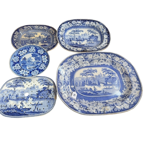 76 - Three 19th Century Wild Rose meat plates and strainer and a 19th Century blue and white comport.