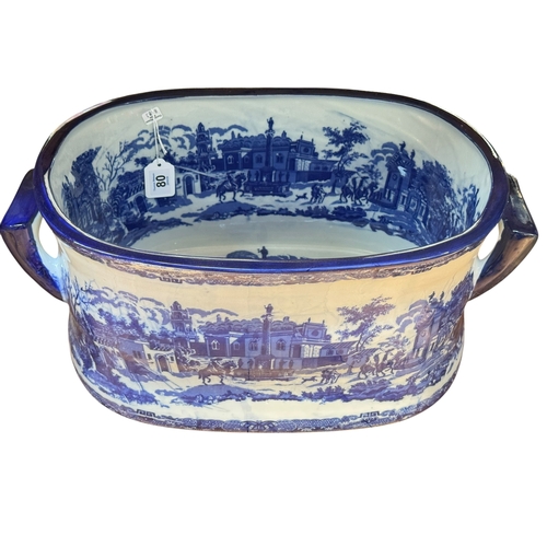 80 - Large two handled blue and white footbath.