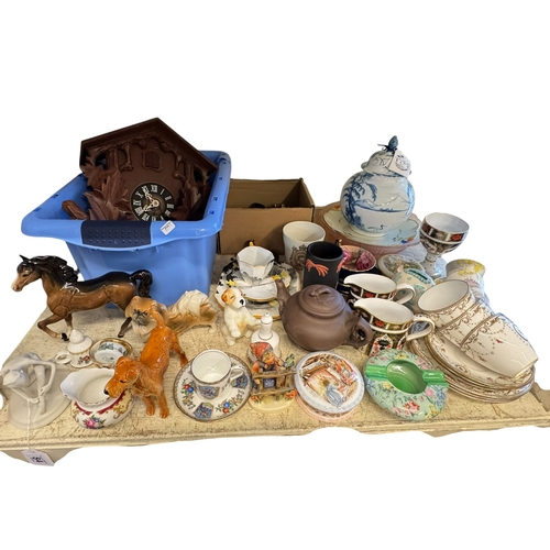 84 - Cuckoo clock, two Royal Crown Derby cream jugs and goblet, Shelley Melody ashtray, costume jewellery... 