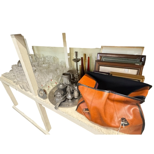 87 - Wood bowls, assorted pewter, collection of glassware, pictures, etc.