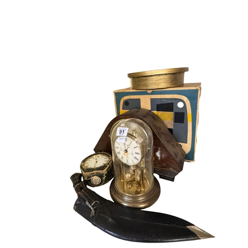 91 - Wall clocks, oak mantle clock, anniversary clock, eight day timepiece case, kukri knife, projector, ... 