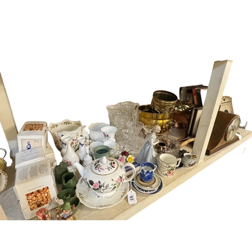 93 - LP and 78 Rpm records, copper log carrier, brass planter, mahogany mantel clock, Nao and Hummel figu... 