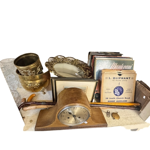 93 - LP and 78 Rpm records, copper log carrier, brass planter, mahogany mantel clock, Nao and Hummel figu... 