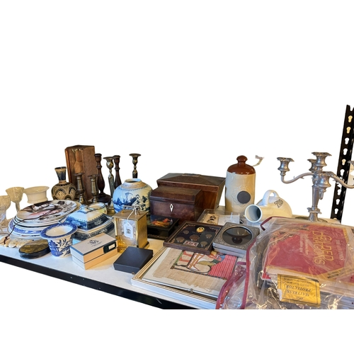 95 - Two 19th Century mahogany tea caddies, large candelabra, china, glass, silver pepperette and mustard... 