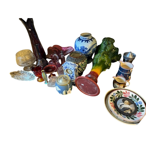 97 - Pair of pottery table lamps and shades, jardiniere stand, large blue and white vase and clock, Royal... 