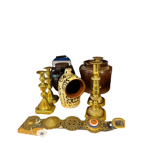 99 - Victorian brass and copper oil lamp, two pairs of brass candlesticks, Martingale, etc.