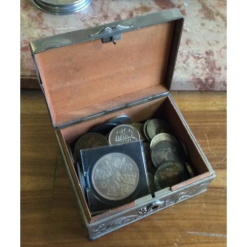 496 - A Chinese silver plated box together with coins.