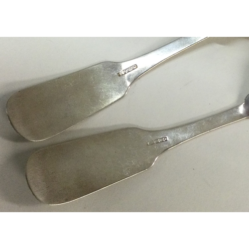 158 - A pair of 18th Century Provincial silver spoons. Approx. 39 grams. Est. £25 - £30.