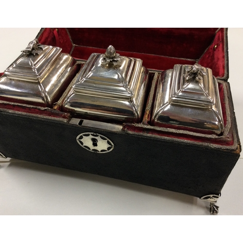 67 - A rare set of George II silver bombe shaped tea caddies in original snakeskin silver mounted box. Lo... 