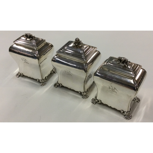 67 - A rare set of George II silver bombe shaped tea caddies in original snakeskin silver mounted box. Lo... 