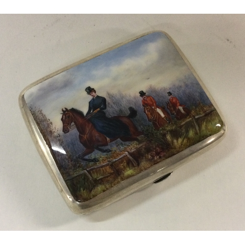 71 - OF RACING INTEREST: An attractive Victorian silver and enamelled card case depicting a horse racing ... 