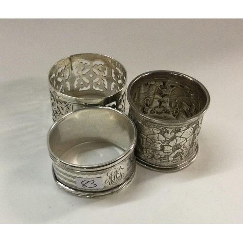 83 - A group of three good silver napkin rings. Various dates and makers. Approx. 58 grams. Est. £20 - £3... 