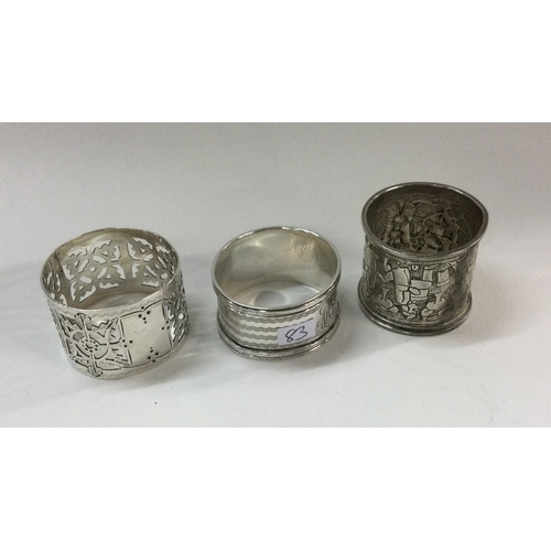 83 - A group of three good silver napkin rings. Various dates and makers. Approx. 58 grams. Est. £20 - £3... 