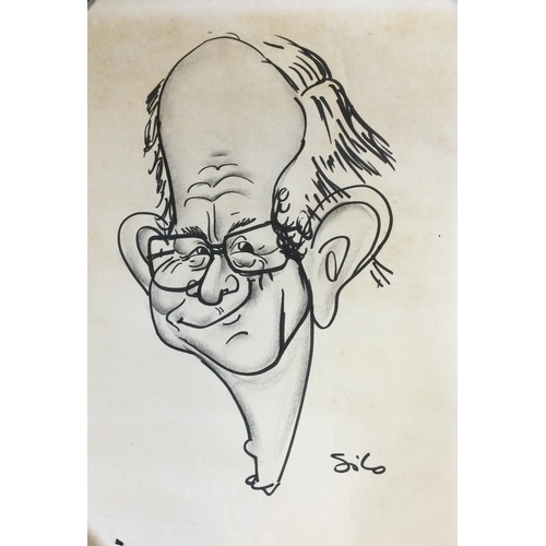 1045 - An unframed pen caricature; possibly a self-portrait of 'Giles'? Signed. Approx. 35 cms x 50 cms.