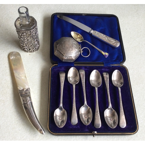 1046 - A silver MOP fruit knife together with a scent bottle etc. Est. £20 - £30.