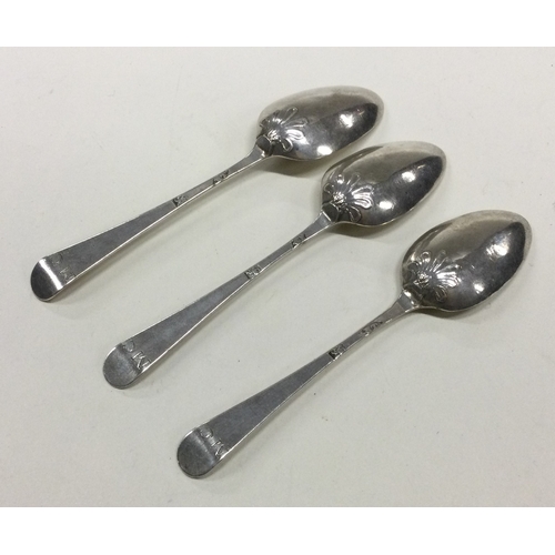 92 - A set of three 18th Century silver picture back spoons. Makers mark only. Approx. 29 grams. Est. £50... 