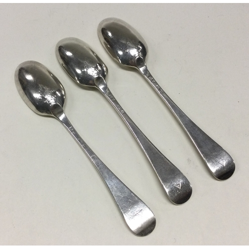 94 - A set of three 18th Century silver picture back spoons. Makers mark only. Approx. 41 grams. Est. £50... 
