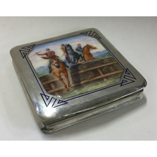 32 - A silver and enamelled cigarette case with horse racing scene. Approx. 123 grams. Est. £500 - £800.