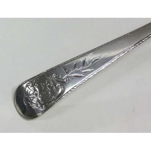 58 - DUBLIN: An Irish silver soup ladle. 1724. Marked only with crowned Hibernia and Gothic letter 'E'. A... 