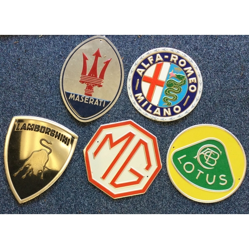 336 - A selection of five various motoring metal plaques to include Maserati, Lamborghini, MG etc. Est. £2... 