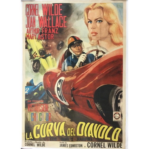 347 - POSTER: A 1957 canvas mounted Italian Movie poster for 'La Curva Del Diavolo' (The Devil's Hairpin),... 