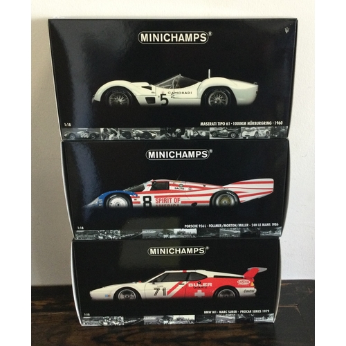 377 - MINICHAMPS: Three various boxed model racing cars, scale 1:18. Est. £20 - £30.