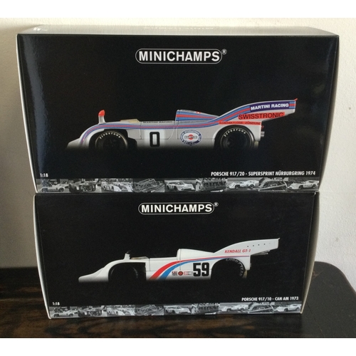 382 - MINICHAMPS: Two various boxed model racing cars, scale 1:18. Est. £20 - £30.