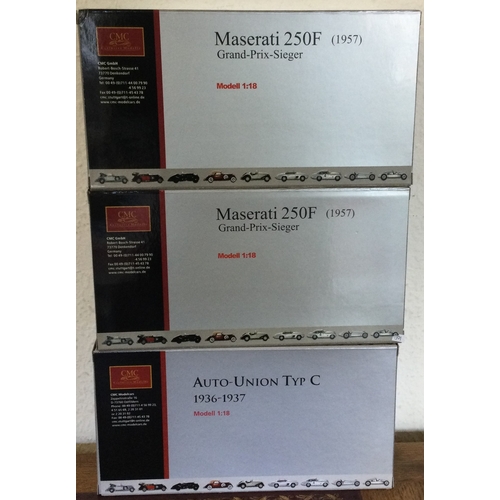 591 - CMC: Three various boxed 1:18 scale Maserati model racing cars. Est. £100 - £200.