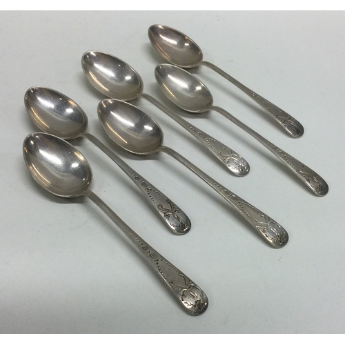 155 - A good set of six bright cut silver teaspoons. Sheffield. Approx. 60 grams. Est. £20 - £30.