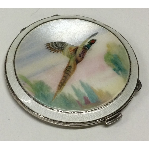 157 - A silver and enamelled bird scene compact. Birmingham 1951. By Henry Clifford Davis.  Approx. 95 gra... 