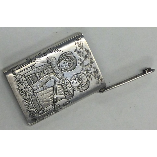 113 - SAMPSON MORDAN: A silver vesta case engraved with a Kate Greenway design. London 1882. Approx. 14 gr... 