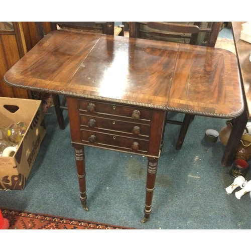 108 - A good mahogany three drawer work table with bead edge. Est. £60 - £80.