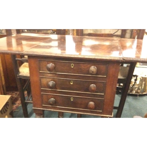 108 - A good mahogany three drawer work table with bead edge. Est. £60 - £80.