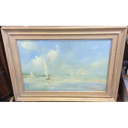 18 - A framed and glazed oil painting of ships in Exmouth. Est. £200 - £250.