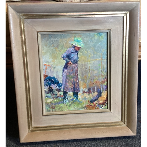 1008 - JEFFREY PRATT: (British, born 1940): A framed oil on canvas depicting a lady with chickens. Signed t... 