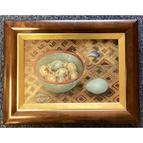 1011 - VAL ARCHER: (British, born 1946): A framed oil on board entitled, 'Quails Eggs and African Rafia Clo... 