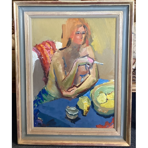 1016 - JEFFREY PRATT: (British. Born 1940): A framed oil on canvas depicting a lady smoking a cigarette. Si... 