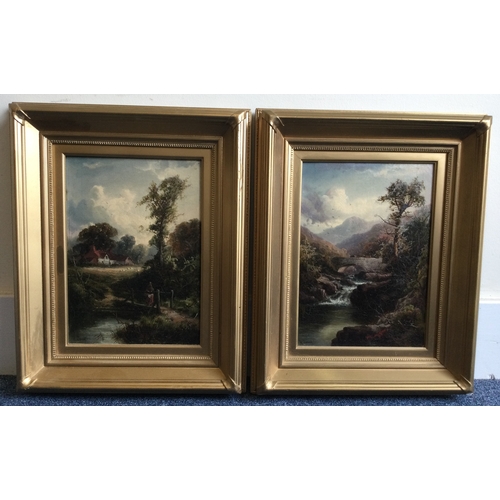 1029 - R JONES: A pair of gilt framed oils on canvases depicting landscapes with streams and trees. Signed ... 