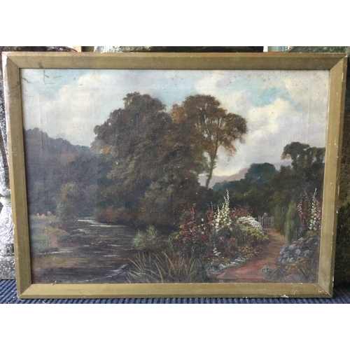 1033 - A framed oil on canvas depicting a cottage garden by stream. Monogrammed to bottom right and bottom ... 