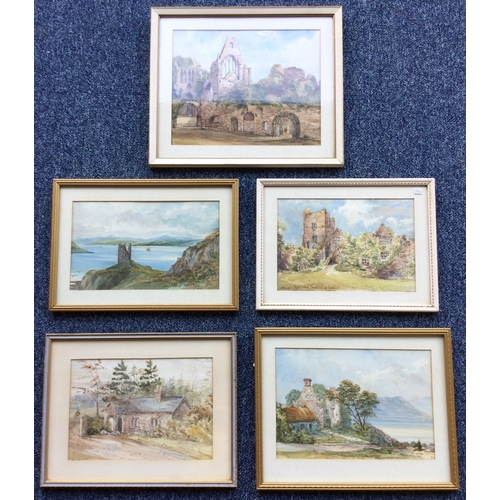 1037 - A selection of five small framed and glazed watercolours depicting different Scottish building scene... 