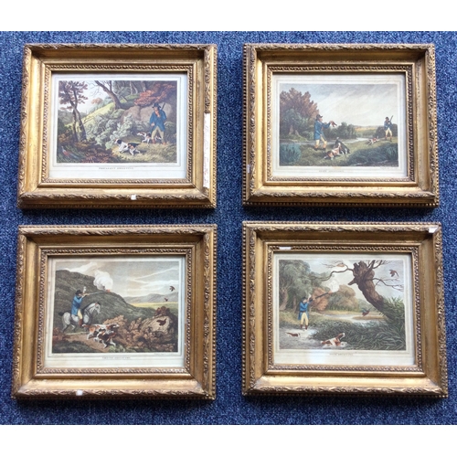 1038 - A set of four gilt framed coloured lithograph prints depicting hunting scenes. Approx. 19 cms x 15 c... 