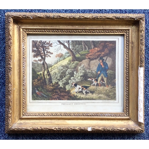 1038 - A set of four gilt framed coloured lithograph prints depicting hunting scenes. Approx. 19 cms x 15 c... 