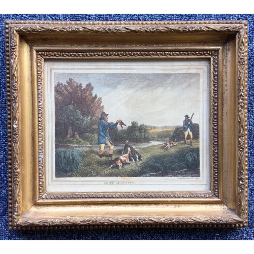 1038 - A set of four gilt framed coloured lithograph prints depicting hunting scenes. Approx. 19 cms x 15 c... 