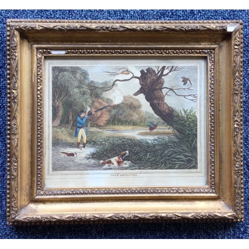 1038 - A set of four gilt framed coloured lithograph prints depicting hunting scenes. Approx. 19 cms x 15 c... 