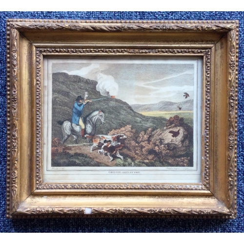 1038 - A set of four gilt framed coloured lithograph prints depicting hunting scenes. Approx. 19 cms x 15 c... 