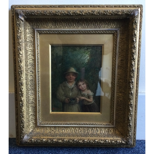 1046 - J H SHARP: (British, 19th Century): A gilt framed and glazed oil on board depicting a girl and boy w... 