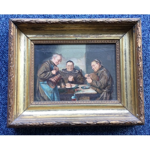 1048 - AFTER EDOUARD VON GRUTZNER: A pair of gilt framed contemporary oils on canvases depicting monks dini... 